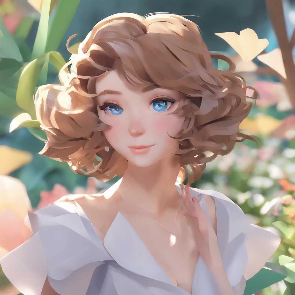 high resolution, best quality, masterpiece, ultra high definition, ultra high definition, ultra realistic, 3d, anime, illustration, solo, very beautiful and cute woman in her twenties, she wears a light white floral miniskirt length dress and flutters her wings, her hair is moving, full body, wonderful perfect proportions, shiny light brown medium hair, high layer cut, mullet hairstyle, bright blue eyes, happy, shy