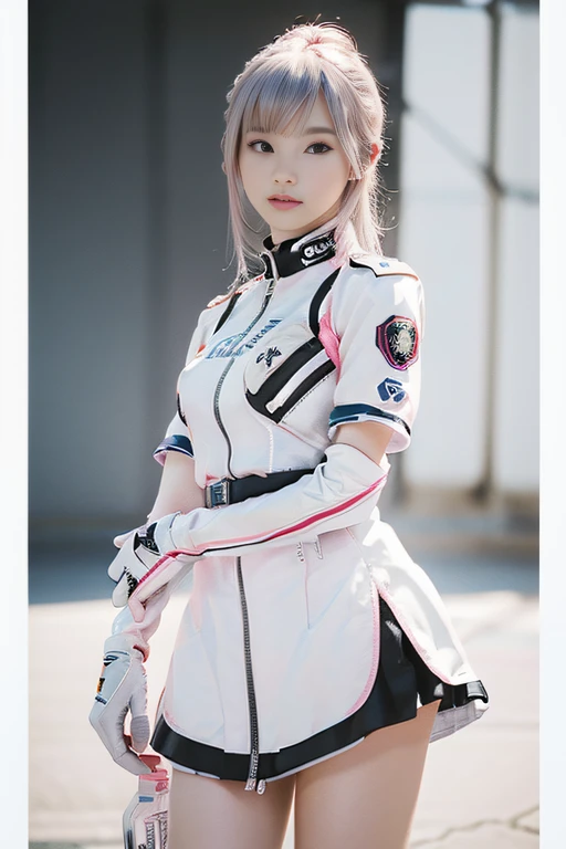 (Top Quality, Ultra High Definition, Photorealistic: 1.4), (cowboy shot:1), 1 Beautiful Girl, Detailed Face, (Hair Style gradation:Pink:0.6Silver:0.4, fullbang, shortbob-style:1), Combat pose, Contrapposto, Perfect Anatomy, Smooth Skin, Professional Lighting, (wear color white black silver),((wearing Futuristic Police Racing Suits, low-mini-skirt, police wappen, High-tech Headset, racing gloves, holding handguns with both hands)), (Cloths colors based on pink silver white black), (background, backstrage),