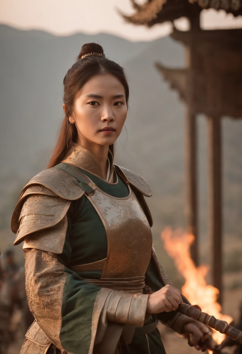 A woman in Chinese armor,Long sword in hand,Full body like,In the tent,There is a blurry Chinese general in the background,In the sunset