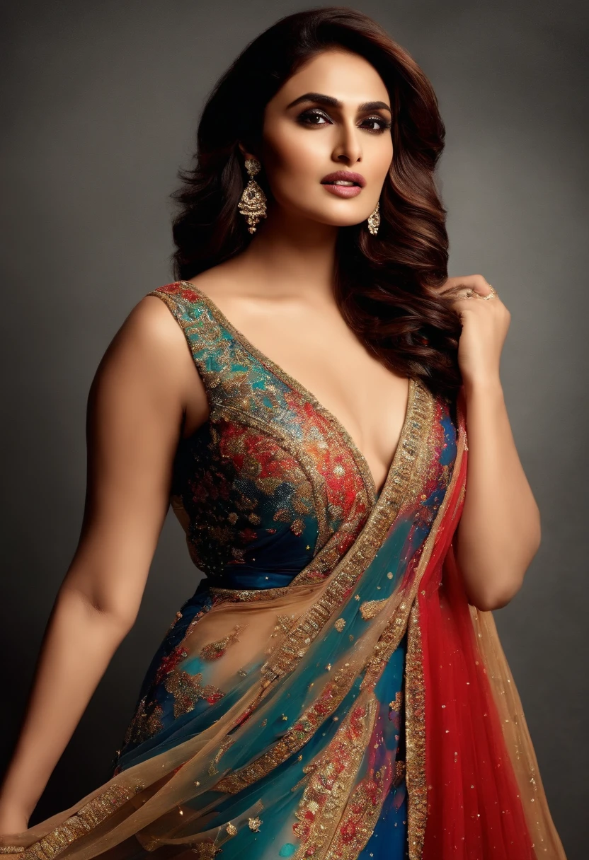 A hot and sexy Huma qureshi wearing an elegant gown with a swirling galaxy print. she can be standing against a backdrop of star