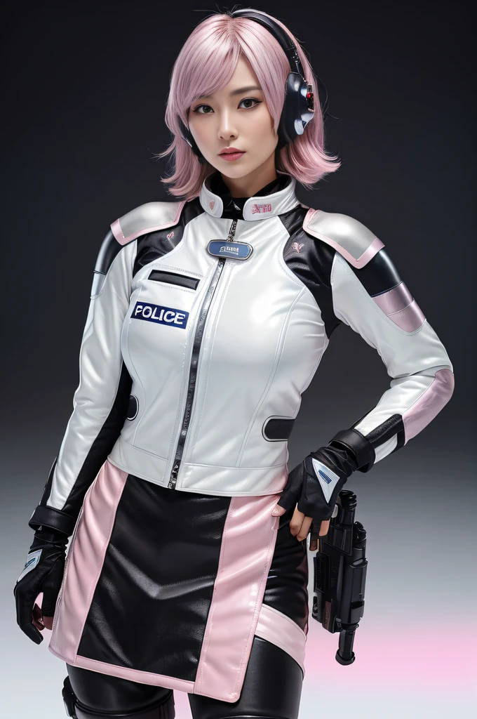 (Top Quality, Ultra High Definition, Photorealistic: 1.4), (cowboy shot:1), 1 Beautiful Girl, Detailed Face, (Hair Style gradation:Pink:0.6Silver:0.4, fullbang, shortbob-style:1), Combat pose, Contrapposto, Perfect Anatomy, Smooth Skin, Professional Lighting, (wear color white black silver),((wearing Futuristic Police Racing Suits, low-mini-skirt, police wappen, High-tech Headset, racing gloves, holding handguns with both hands)), (Cloths colors based on pink silver white black), (background, backstrage),