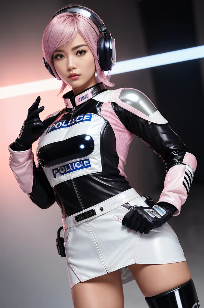 (Top Quality, Ultra High Definition, Photorealistic: 1.4), (cowboy shot:1), 1 Beautiful Girl, Detailed Face, (Hair Style gradation:Pink:0.6Silver:0.4, fullbang, shortbob-style:1), Combat pose, Contrapposto, Perfect Anatomy, Smooth Skin, Professional Lighting, (wear color white black silver),((wearing Futuristic Police Racing Suits, low-mini-skirt, police wappen, High-tech Headset, racing gloves, holding handguns with both hands)), (Cloths colors based on pink silver white black), (background, backstrage),