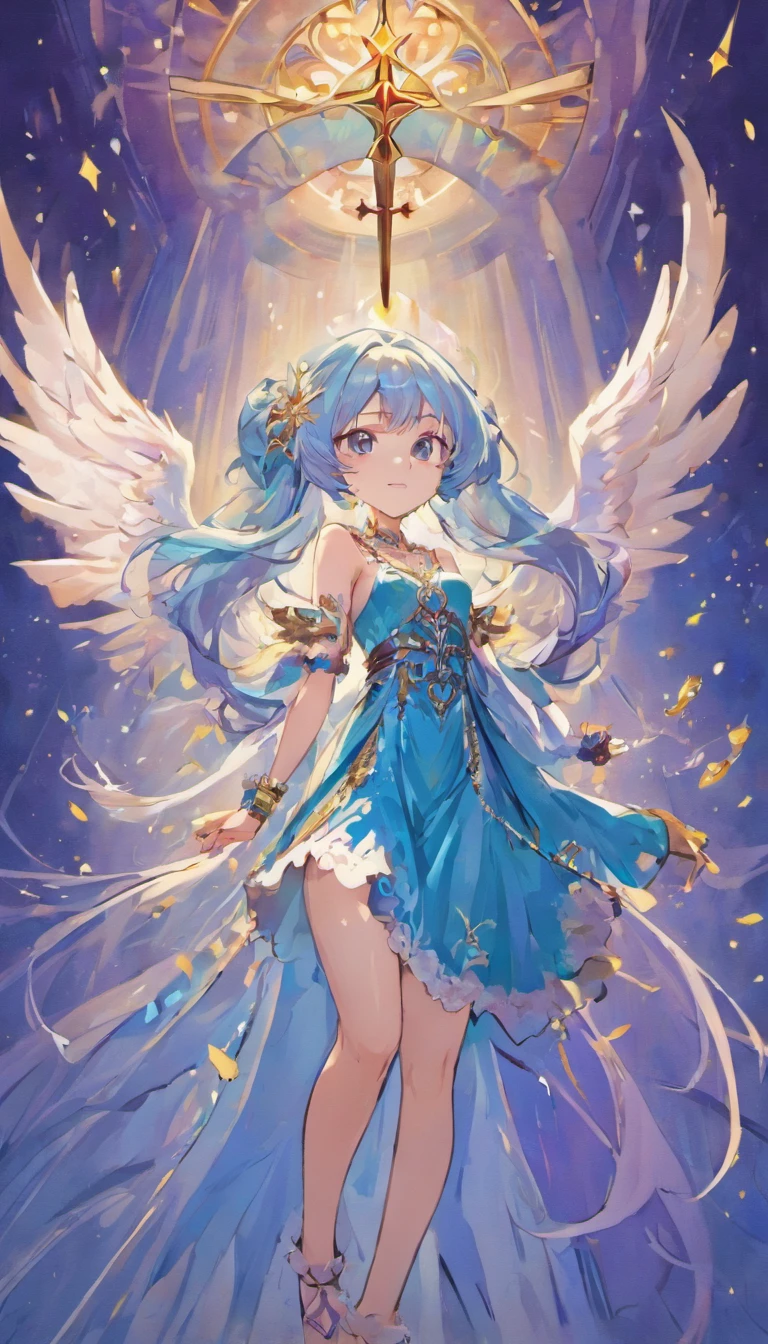 masutepiece, Best Quality, Light blue long hair、Brilliant and beautiful big angel wings on the back、Beautiful, Happy adult princess, Light blue long hair, Wearing a flowing dress in rich shades of black and royal blue, Decorated with intricate patterns suggesting a connection to ancient magic, Reflection of her enigmatic nature, Smile confidentially, Wearing a jewel necklace, Magic Bracelet, Marvelous Crown, Works with a vivid texture, Purple pants,