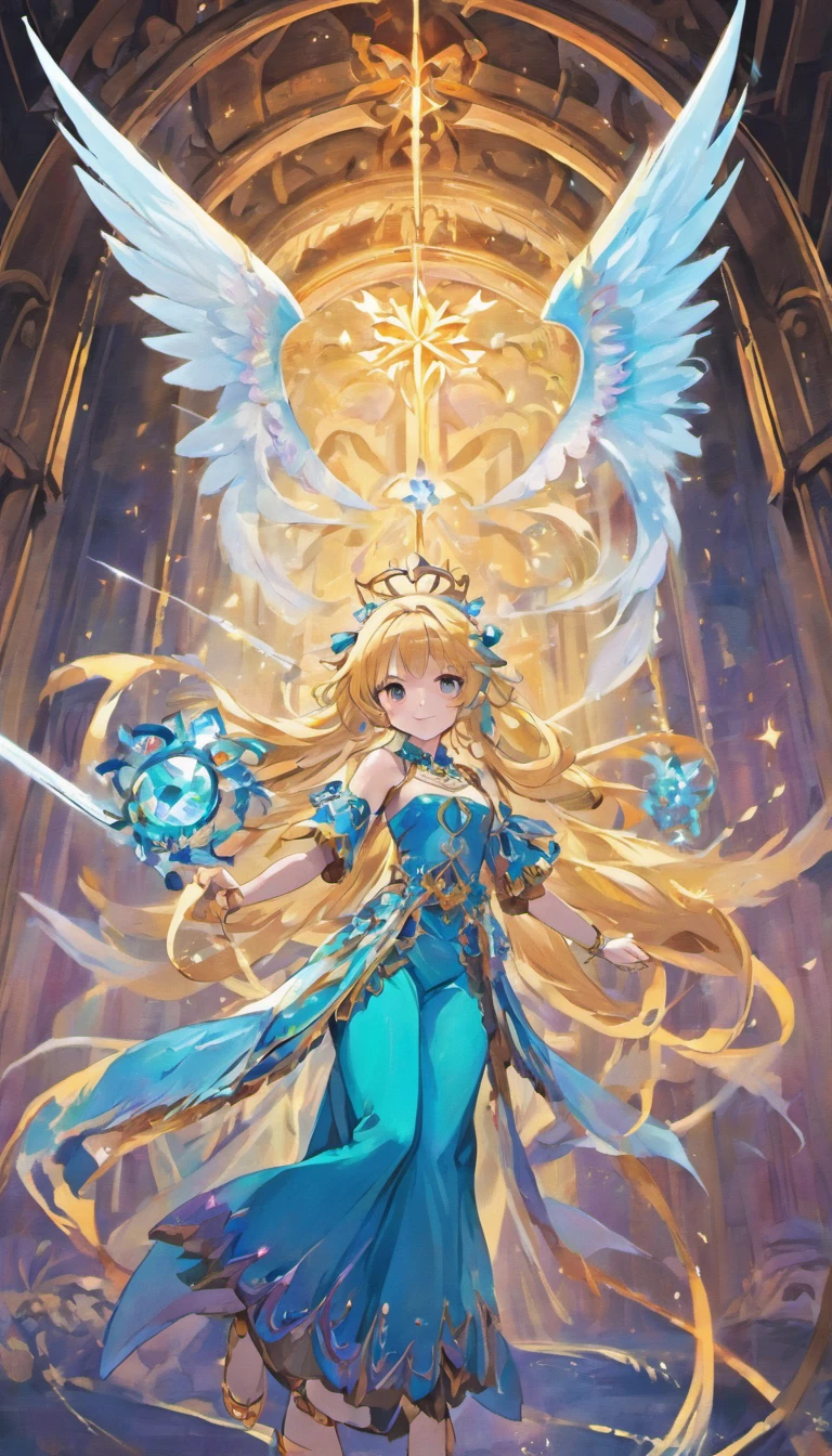 masutepiece, Best Quality, Light blue long hair、Brilliant and beautiful big angel wings on the back、Beautiful, Happy adult princess, Light blue long hair, Wearing a flowing dress in rich shades of black and royal blue, Decorated with intricate patterns suggesting a connection to ancient magic, Reflection of her enigmatic nature, Smile confidentially, Wearing a jewel necklace, Magic Bracelet, Marvelous Crown, Works with a vivid texture, Purple pants,