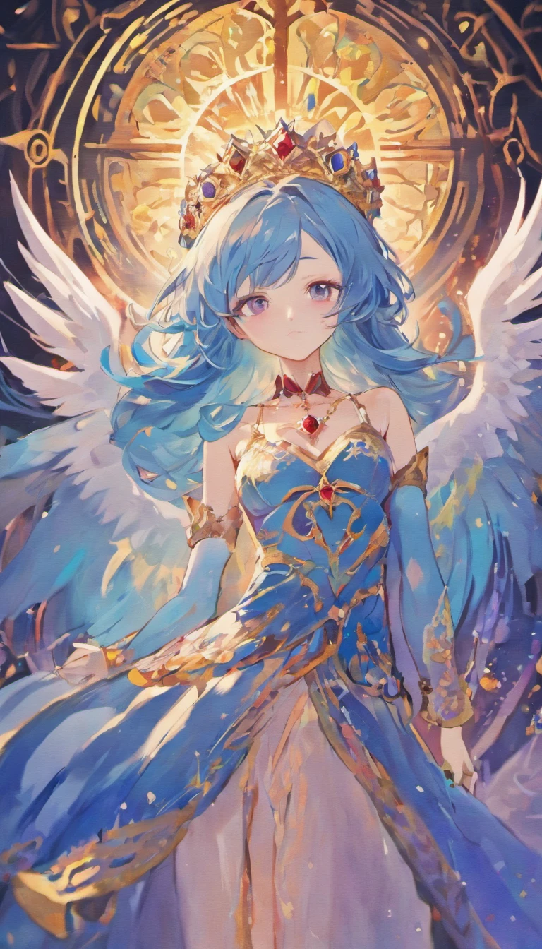 Arafed, a picture of a female angel in high society prom event, divine beautiful feminine angel, (blue hair: 1.4), long hair, flowing hair, the hair glows in a soft light, cerulean eyes, deep light eyes, divine feminine face, she wears a ((purple and red evening dress: 1.5)), elegant, intricate detailed dress, silk dress, small cleavage,  ((dress is decorated with white flowers: 1.4)),  she wears elegant knee high heeled boots, exquisite knee high heeled boots, she stands on the porch of a fantasy castle, dynamic angle, soft torch light, (Masterpiece: 1.5), 16k, highres, best quality, high details, ultra detailed, masterpiece, best quality, (extremely detailed), AngelStyle,  angel_wings, Angel, flower dress