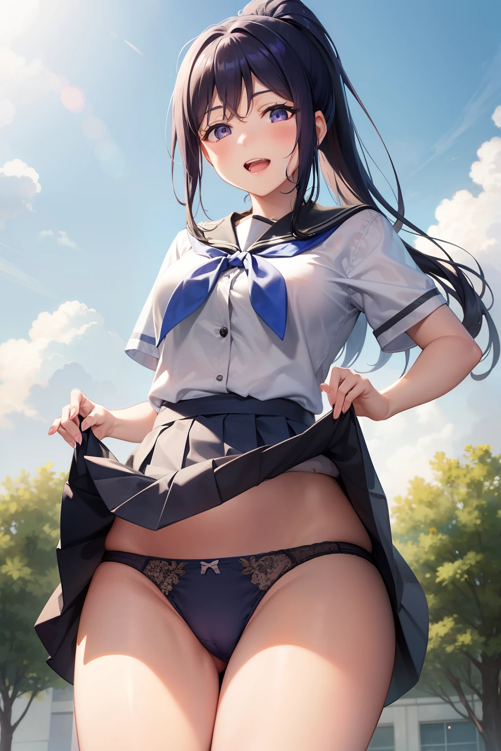Minamimatsuura, Kanan Matsuura, Blue hair, Long hair, Ponytail, (Purple eyes:1.1), side locks, Blake Aquaneckerchief, grey sailor collar, grey skirt, Miniskirt, neckerchief, Pleated skirt, Sailor collar, sailor shirt, School uniform, serafuku, Shirt, Skirt, Summer uniform, uranohoshi school uniform, White shirt,Naughty big、large full breasts、BREAK looking at viewer, BREAK (masutepiece:1.2), Best Quality, High resolution, Unity 8k壁纸, (Illustration:0.8), (Beautiful detailed eyes:1.6), extra detailed face, Perfect Lighting, extremely details CG, (Perfect hands, Perfect Anatomy),Smile with open mouth、(Skirt lift:1.3), (Blue stripes々Panties:1.3)、(Skirt that rolls up:1.3)、(Fully exposed panties:1.5)、outside of house、plein air、