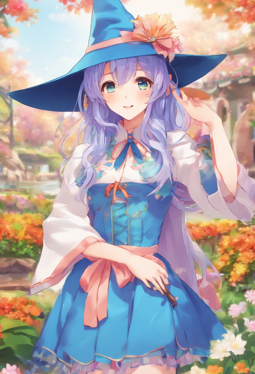 Masterpiece、top-quality、Anime character with witch hat and witch clothes、Young Anime Woman、Female Anime Style, anime styled、blue eyess, Anime Girl, lightblue hair, Anime art wallpaper 8k, anime wallpaper 4k, anime wallpaper 4 k, anime style portrait, Best Anime Konachan wallpapers、high-level image quality
