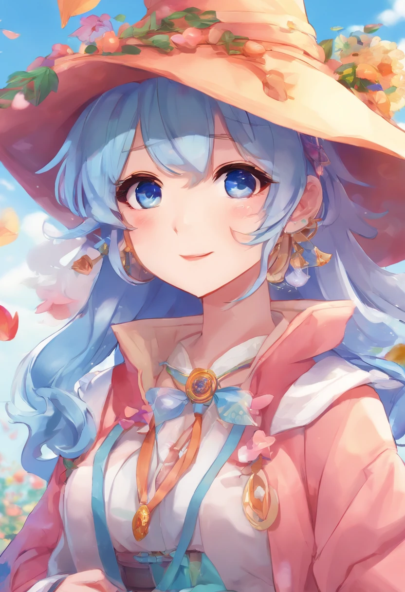 Masterpiece、top-quality、Anime character with witch hat and witch clothes、Young Anime Woman、Female Anime Style, anime styled、blue eyess, Anime Girl, lightblue hair, Anime art wallpaper 8k, anime wallpaper 4k, anime wallpaper 4 k, anime style portrait, Best Anime Konachan wallpapers、high-level image quality