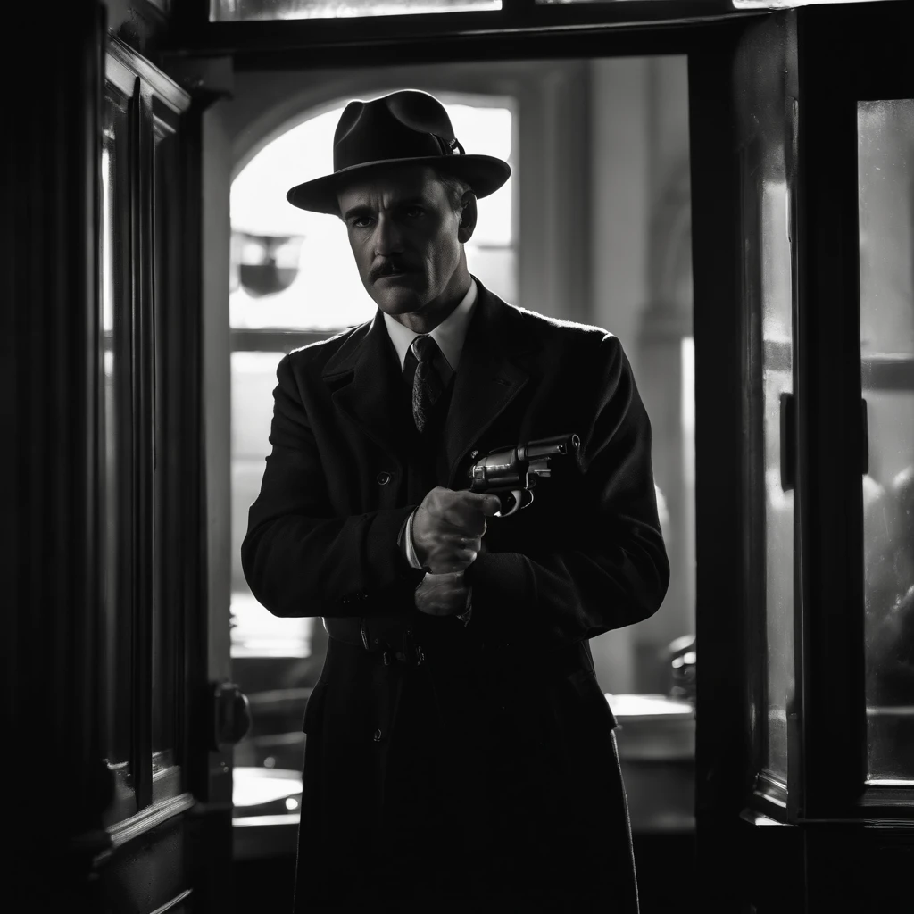 White man in suit with blood, with a black hat with blood covering his mouth