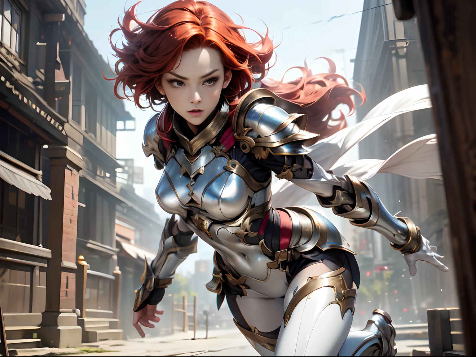 Woman with red hair shortcut、Beautuful Women、Super small breasts、Super slender body、Brace yourself to start running、Wearing white metallic armor、