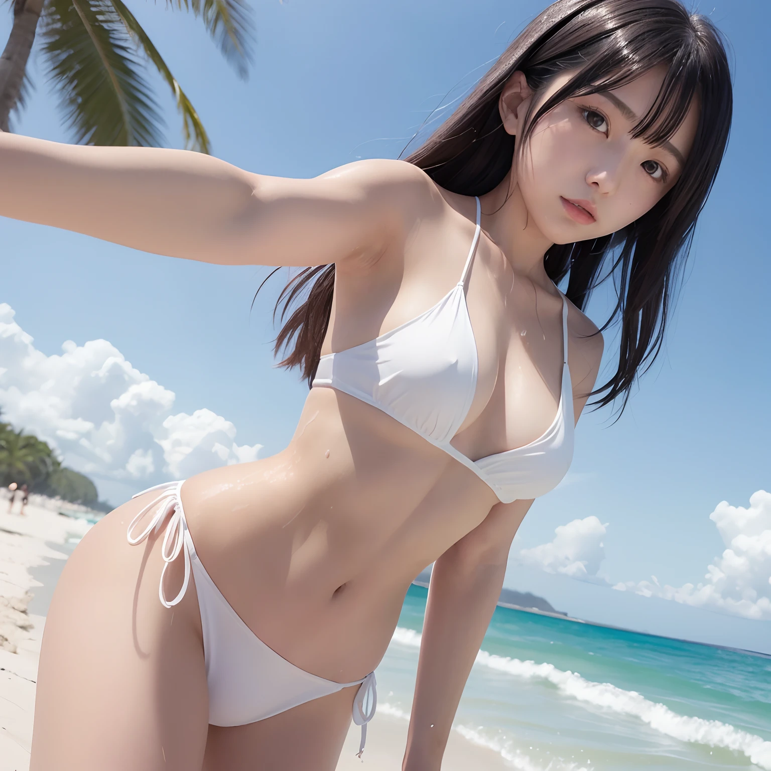Girl in white dress over black bikini、top-quality、shoulder length hair、A dark-haired、medium chest、the beach、Wet、Transparent、(dynamicposes:1.2)、25-years old、japanes