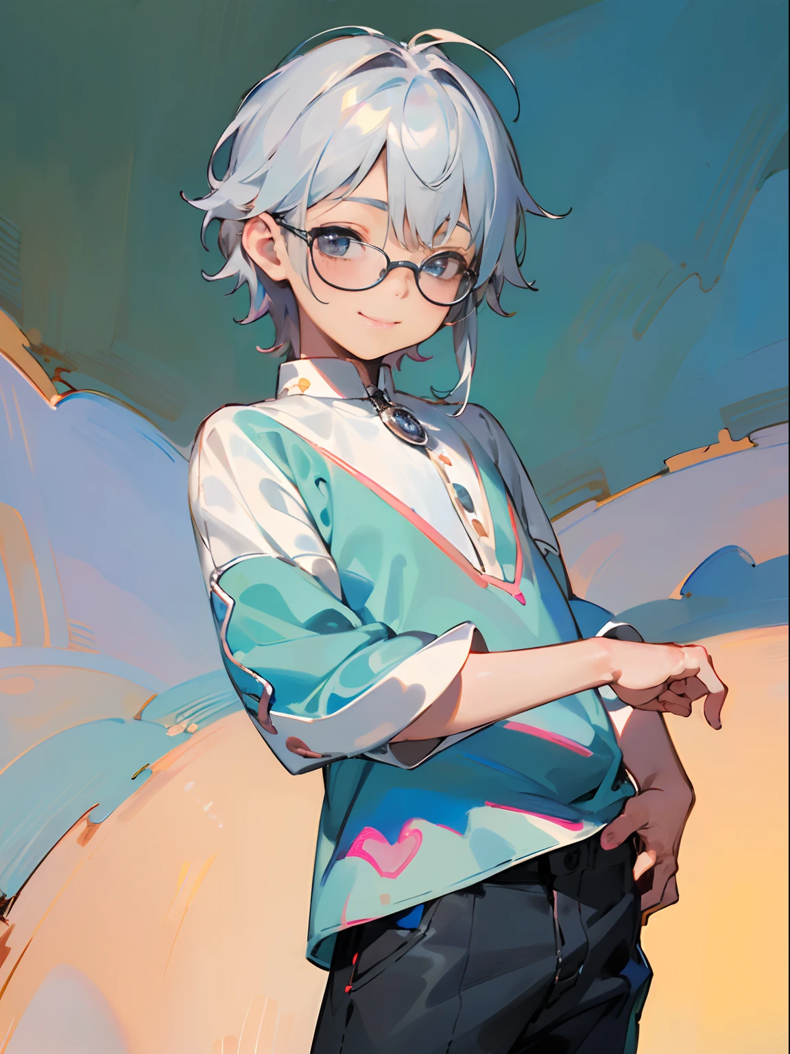 (Male child, eye glasses,A smile, silber hair，cowboy  shot),(((​masterpiece)))、(((top-quality)))、((ultra-definition))、(High Definition CG Illustration)、((extremely delicate and beautiful)),Iridescent background