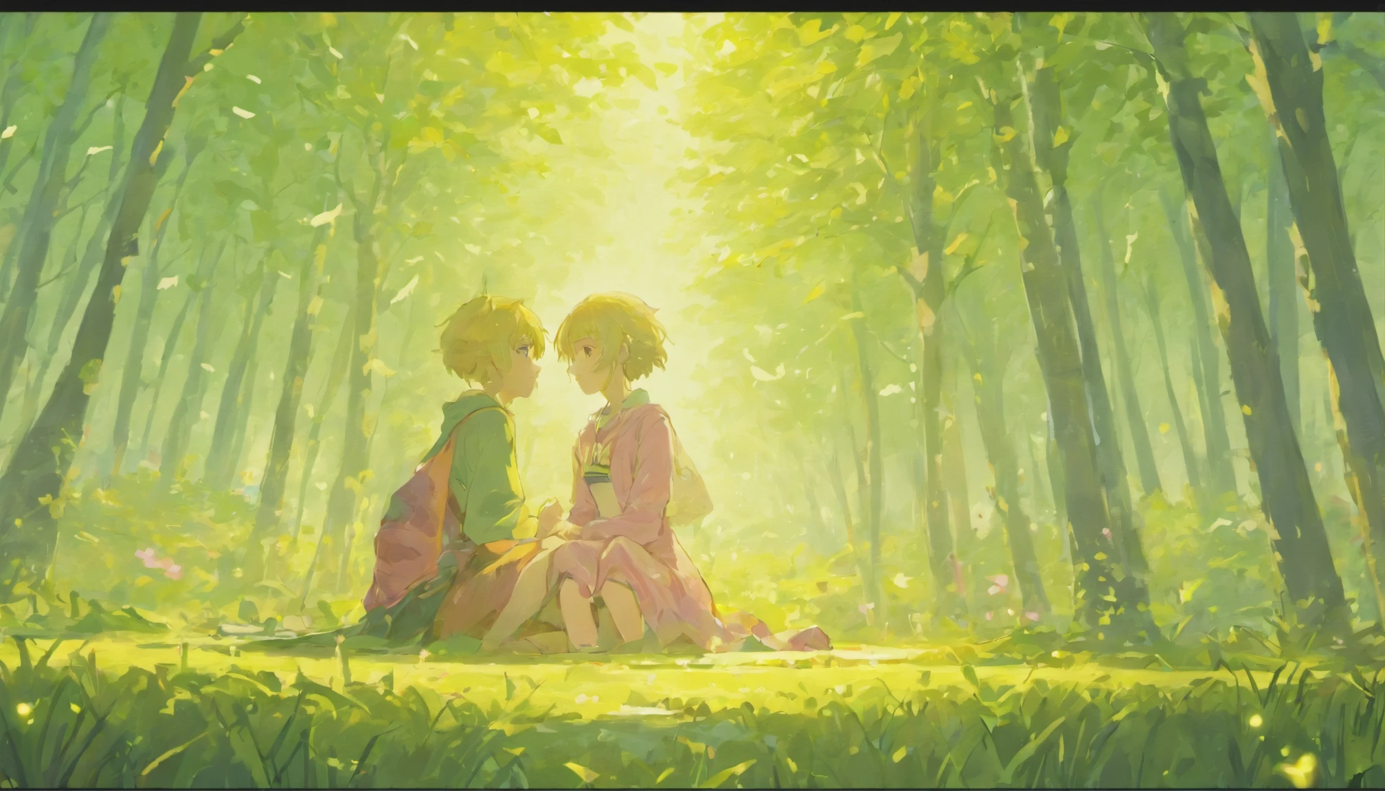 One Simple boy with a pink background trees & shiny sky sitting with a beautiful girl in bith character's in ai form