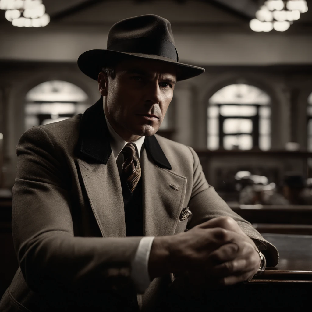 (best quality,4k,8k,highres,masterpiece:1.2),ultra-detailed,(realistic,photorealistic,photo-realistic:1.37),1950 bank robber,inside a bank,holding a big gun,old-style bank,wooden counter,art deco architecture,brass chandeliers,masked face,sharp suit,black hat,cigarette smoke,desperate expression,shadows and highlights,dramatic lighting,backlit windows, film noir style,gritty atmosphere,confident stance,panicked bank tellers,terrified customers,suspenseful atmosphere,clenched fist,facial wrinkles,gun smoke,glowing barrel tip,crumpled dollar bills,fearful eyes,nervous body language,hidden safe,alarm buttons,police sirens outside the bank,high tension,conspicuous shadows,smudged lipstick,long trench coat,swaggering gait.
