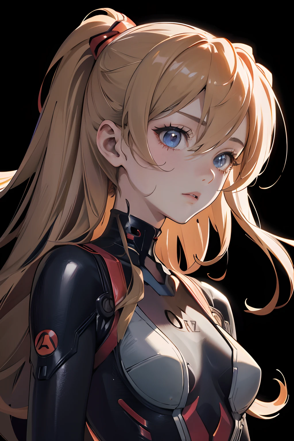 official art, unity 8k wallpaper, ultra detailed, beautiful and aesthetic, masterpiece, best quality, realistic, close-up, skindentation, souryuu asuka langley, interface headset, bodysuit under clothes, detailed eyes, detailed face, detailed hair, black background, straight-on, looking at viewer, glossy,