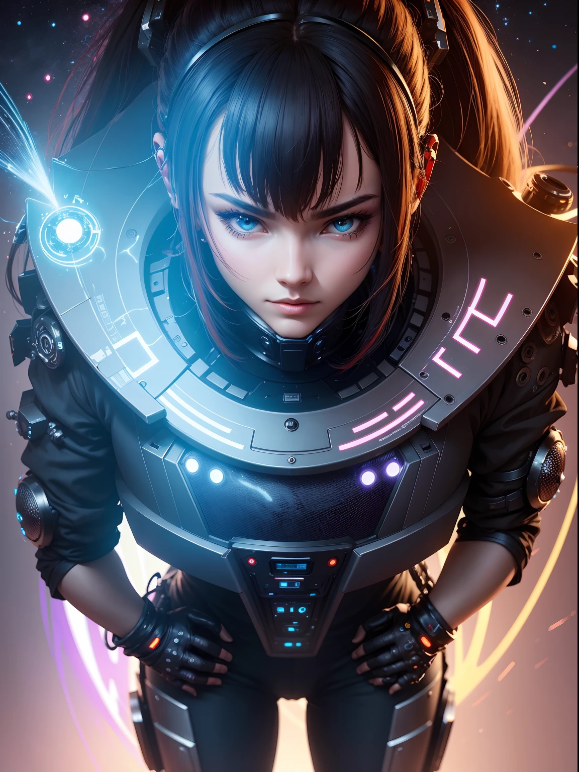 Realistic, 35mm, Intricate detail, hdr, Intricate detail, Ultra detailed, Natural skin texture, Surreal, Sharp, 1 girl, Chinese, Blush, Black eyes, Black smooth hair, Portrait, Solo, half shot, top view, detailed background, detailed face, (1nf3rnalAI, hell theme: 1.1), strong expression, dynamic pose, glass robot, (made of glass: 1.1), translucent, glass structure, warrior, glass Armor, dirty glass, machinery, power, magic symbols, mysterious power, floating particles, reflections, wind, background storm, movie atmosphere,