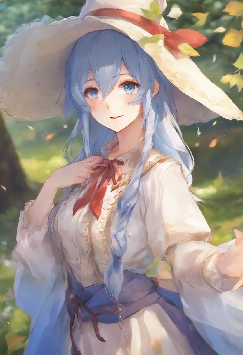 Masterpiece、top-quality、Anime character with witch hat and witch clothes、Young Anime Woman、Female Anime Style, anime styled、blue eyess, Anime Girl, lightblue hair, Anime art wallpaper 8k, anime wallpaper 4k, anime wallpaper 4 k, anime style portrait, Best Anime Konachan wallpapers、high-level image quality
