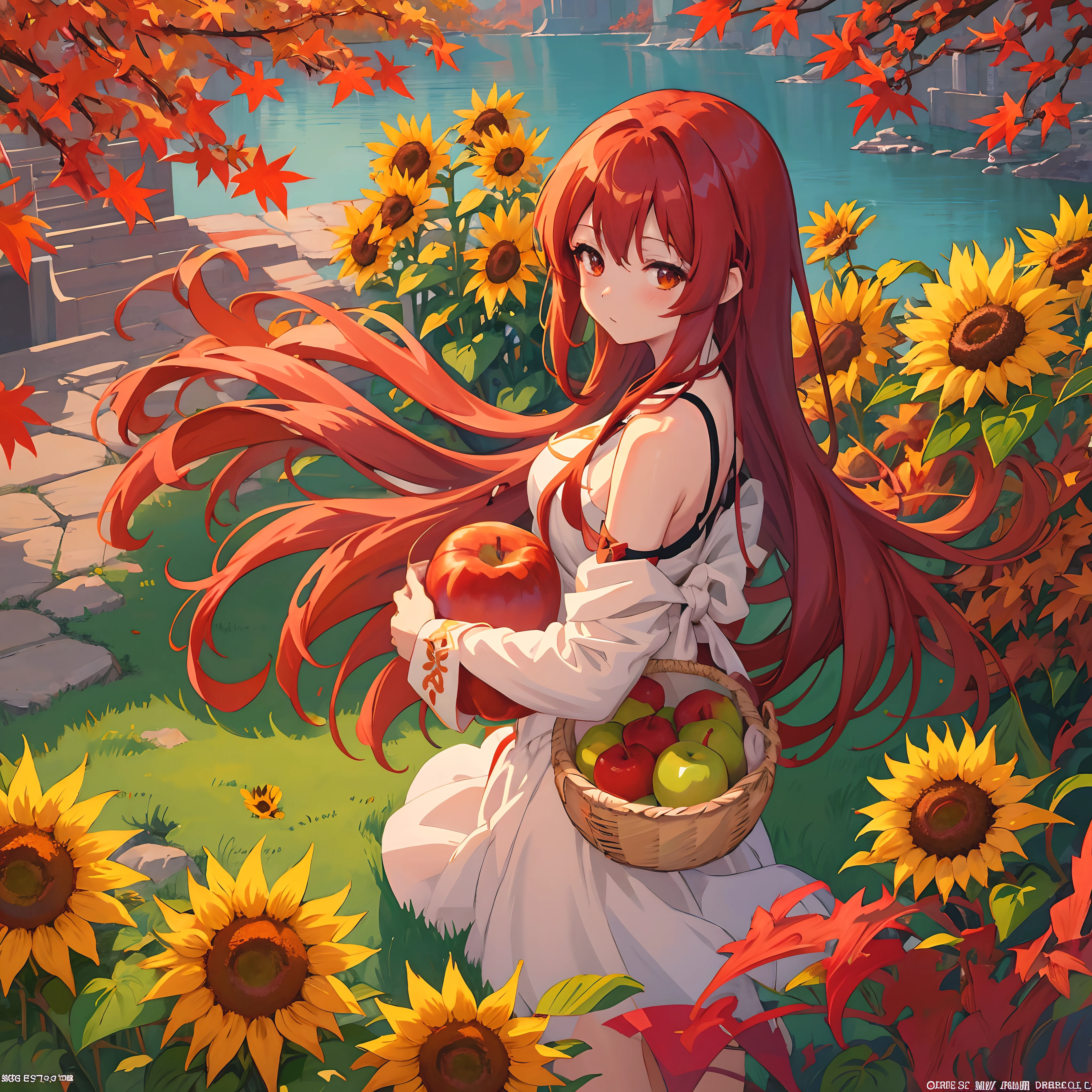 Long red hair anime girl with apple basket, the goddess of autumn harvest, artwork in the style of guweiz, Official art, Beautiful sunflower anime girl, marin kitagawa fanart, official artwork, guweiz, painted in anime painter studio, 🍁 Cute, sakimichan, by Yang J, Anime visuals of cute girls, official illustrations