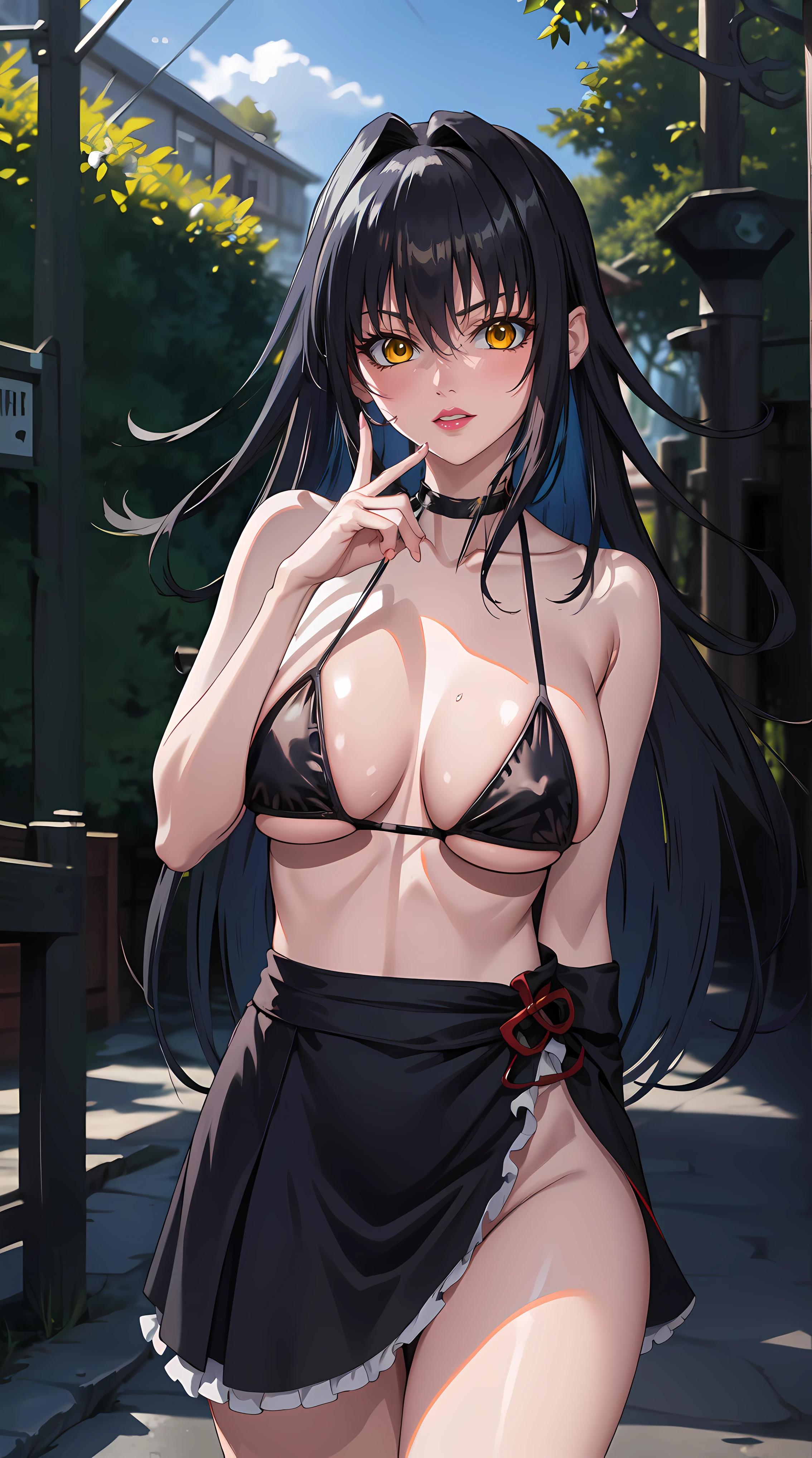 walking in forest at day background, trees, forest,
cowboy shot, Annerose,
frilled bikini,
black_hair,yellow_eyes, long_hair, hair intakes,
1 girl, 35yo,mature female,Beautiful Finger,Beautiful long legs,Beautiful body,Beautiful Nose,Beautiful character design, perfect eyes, perfect face, milf,
looking at viewer, (big_yellow_eyes:1.0),(angry:1.3, blush, embarrassed), tsundere,
NSFW,official art,extremely detailed CG 8k wallpaper, perfect lighting,Colorful, Bright_Front_face_Lighting,
(masterpiece:1.0),(best_quality:1.0), ultra high res,4K,ultra-detailed,
photography, 8K, HDR, highres, absurdres:1.2, Kodak portra 400, film grain, blurry background, bokeh:1.2, lens flare, (vibrant_color:1.2)
(Beautiful,large_Breasts:1.4), (beautiful_face:1.5),(narrow_waist),