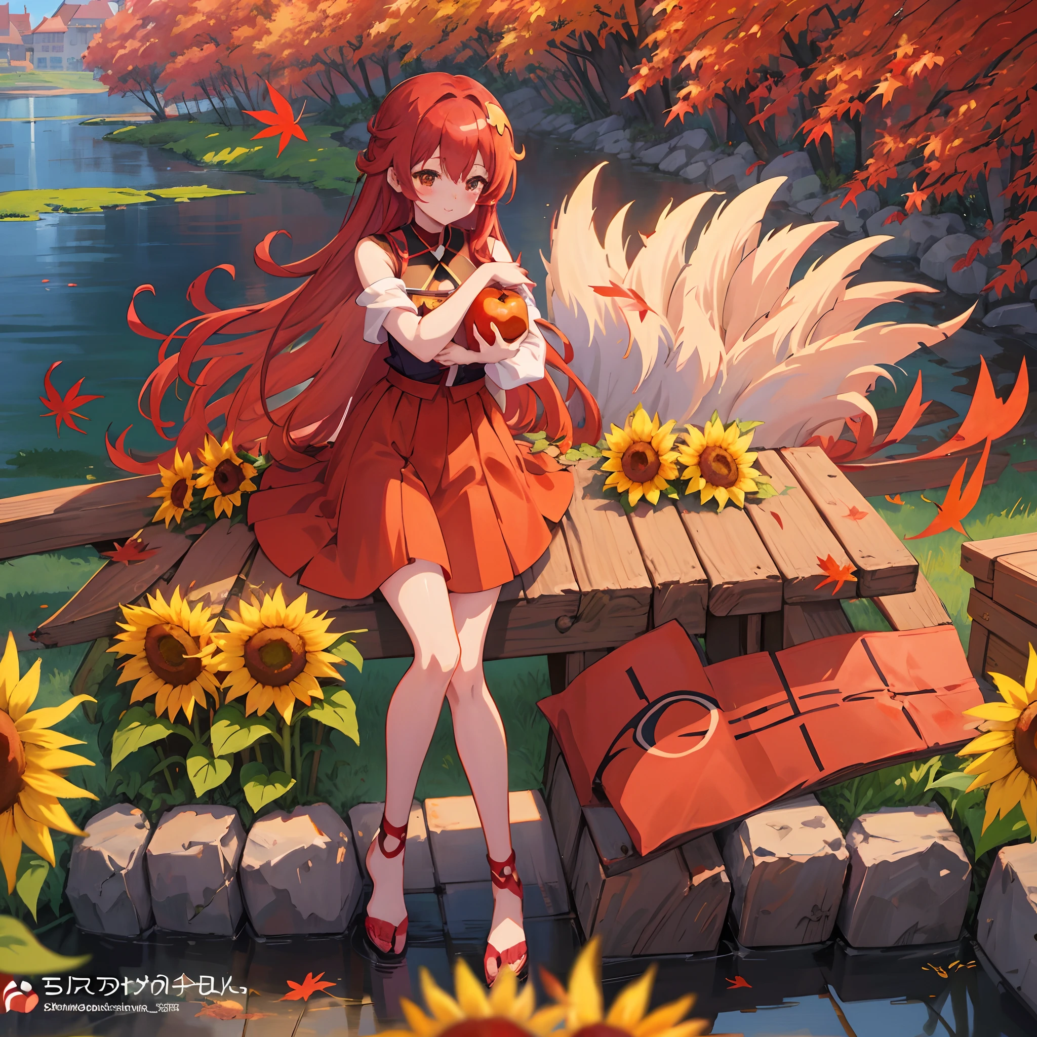 Long red hair anime girl with apple basket, the goddess of autumn harvest, artwork in the style of guweiz, Official art, Beautiful sunflower anime girl, marin kitagawa fanart, official artwork, guweiz, painted in anime painter studio, 🍁 Cute, sakimichan, by Yang J, Anime visuals of cute girls, official illustrations