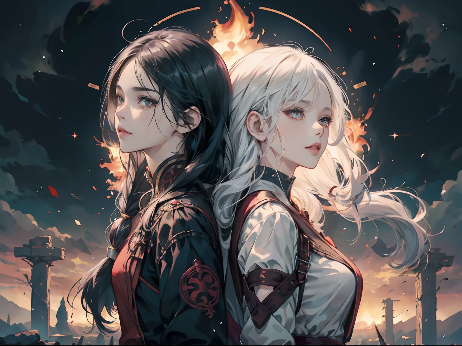 Anime, Two women back to back, Woman with white hair and woman with long black hair、Battle for fire, wlop and sakimichan, anime fantasy artwork, anime fantasy illustration, artgerm and atey ghailan, official artwork, anime style 4 k, artgerm and rossdraws, two beautiful anime girls, epic light novel art cover, artgerm and genzoman