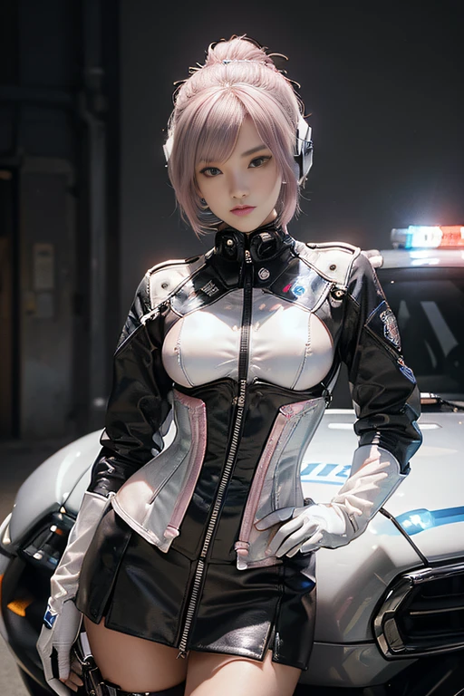 (Top Quality, Ultra High Definition, Photorealistic: 1.4), (cowboy shot:1), 1 Beautiful Girl, Detailed Face, (Hair Style gradation:Pink:0.6Silver:0.4, fullbang, shortbob-style:1), Combata pose, Contrapposto, Perfect Anatomy, Smooth Skin, Professional Lighting, (wear color white black silver),((wearing Futuristic Police Racing Suits, low-mini-skirt, police wappen, High-tech Headset, military gun-corset, racing gloves, machinegun)), (Cloths colors based on pink silver white black), (background, backstrage),