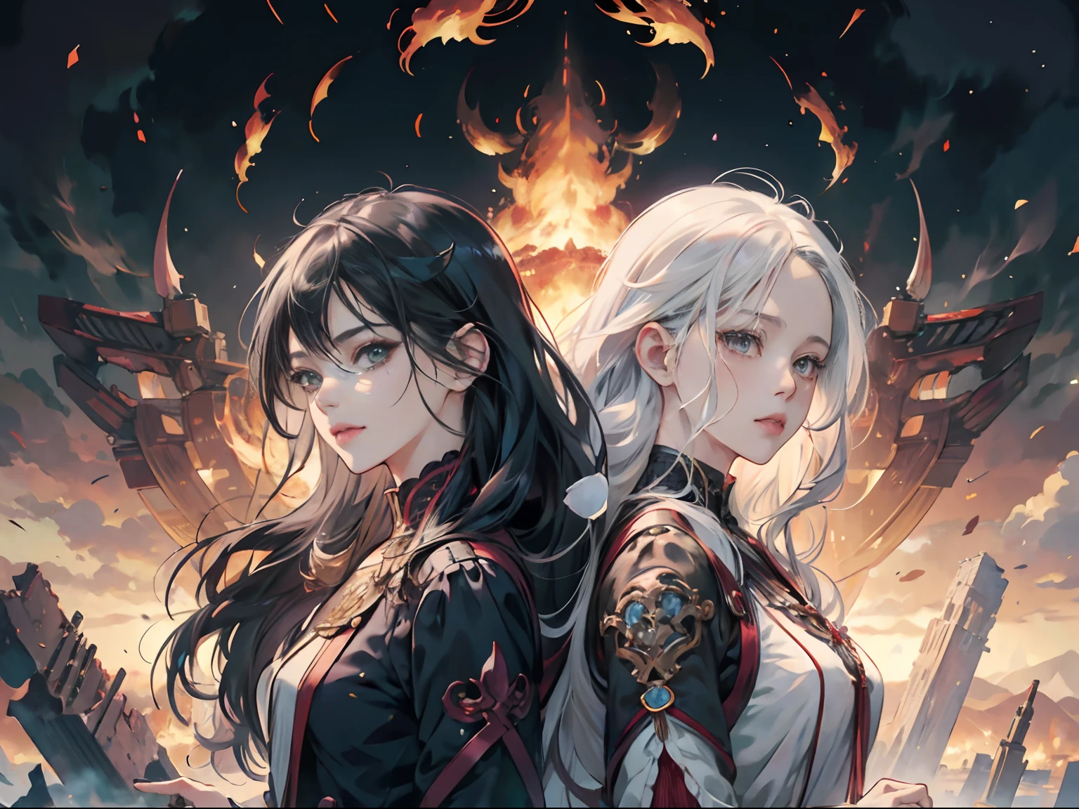 Anime, Two women back to back, Woman with white hair and woman with long black hair、Battle for fire, wlop and sakimichan, anime fantasy artwork, anime fantasy illustration, artgerm and atey ghailan, official artwork, anime style 4 k, artgerm and rossdraws, two beautiful anime girls, epic light novel art cover, artgerm and genzoman