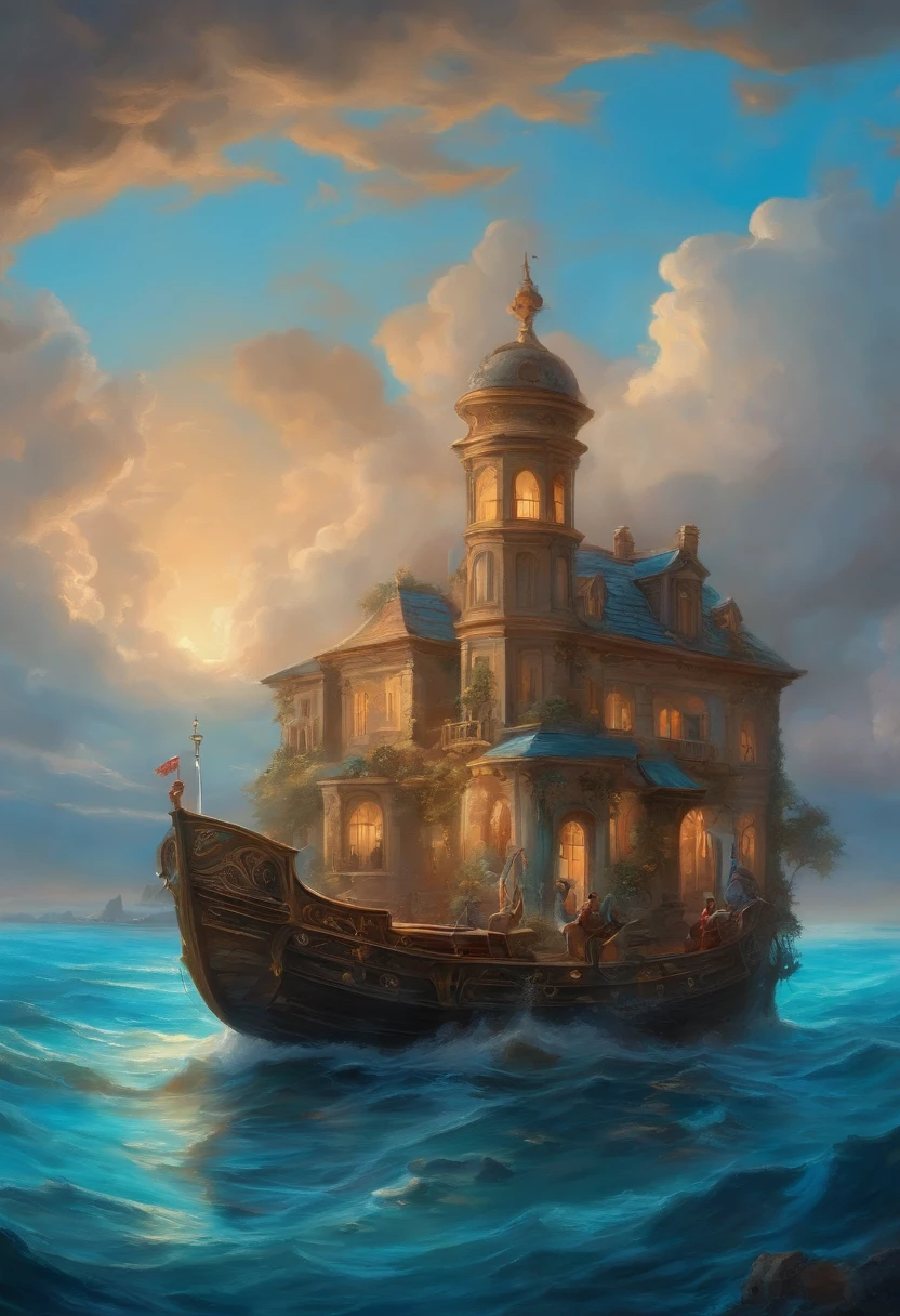 The painting shows a house or houses with marine animals on it,In the style of animation art,Glowing and fantastic scene,Rococo art,A vibrant academic community,Light bronze and sky blue