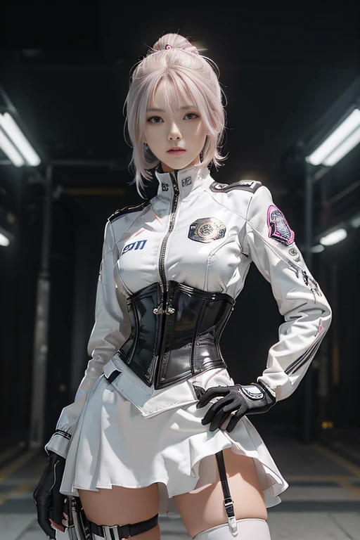 (Top Quality, Ultra High Definition, Photorealistic: 1.4), (cowboy shot:1), 1 Beautiful Girl, Detailed Face, (Hair Style gradation:Pink:0.6Silver:0.4, fullbang, shortbob-style:1), Combata pose, Contrapposto, Perfect Anatomy, Smooth Skin, Professional Lighting, (wear color white black silver),((wearing Futuristic Police Racing Suits, low-mini-skirt, police wappen, High-tech Headset, military gun-corset, racing gloves, machinegun)), (Cloths colors based on pink silver white black), (background, backstrage),