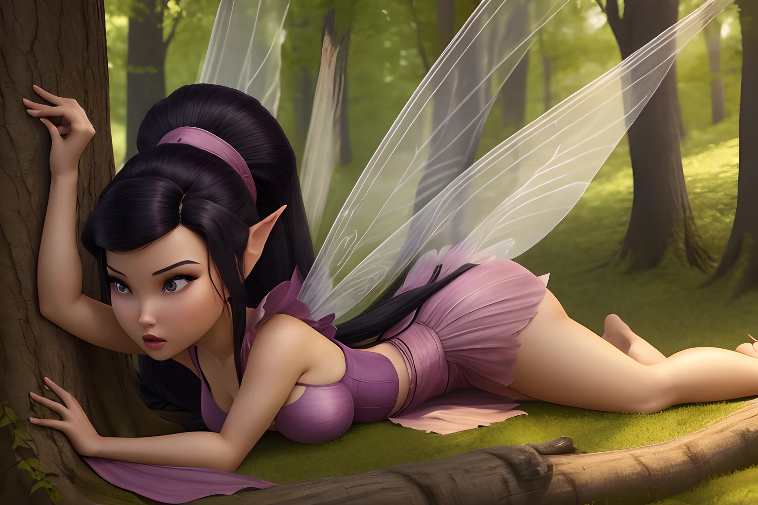 masterpiece, areolas puffy nipples, puffy cunt, bellgown, 8k, perfect ligthing, , adult, female, looking at viewer, cinematic lighting, full body shot,  Vidia, (VidiaWaifu:1.1), single ponytail, extra long ponytail, dress, tight jumpsuit, (extra long white fairy wings), ((two long wings)), purple clothes, clothes made from leaves, (grey eyes), dark hair, pointy ears, feet, straight armes, shrunken, (lying on the ground), ((inside treetrunk)), blush, pixiedust,