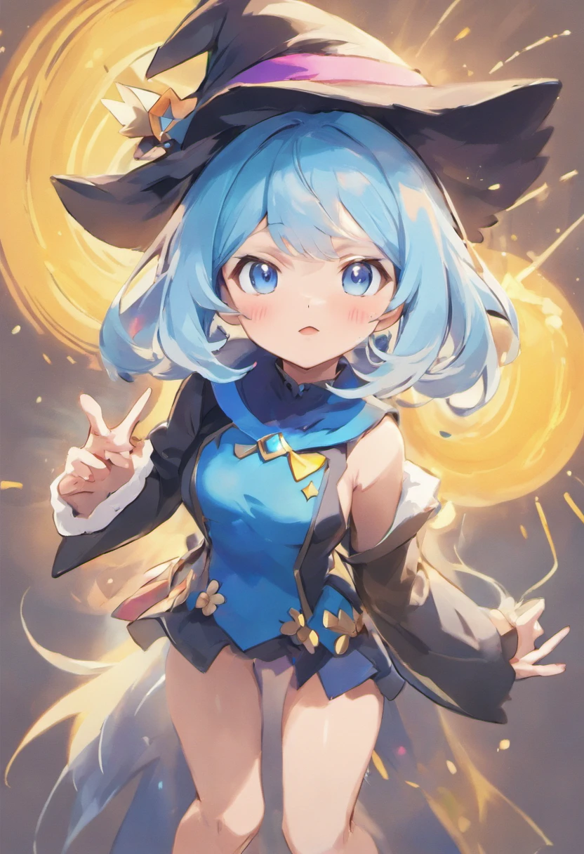Masterpiece、top-quality、Anime character with witch hat and witch clothes、Young Anime Woman、Female Anime Style, anime styled、blue eyess, Anime Girl, lightblue hair, Anime art wallpaper 8k, anime wallpaper 4k, anime wallpaper 4 k, anime style portrait, Best Anime Konachan wallpapers、high-level image quality