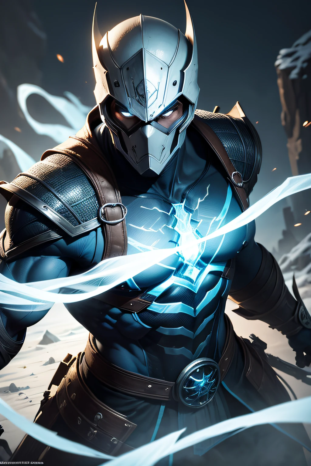 Subzero a male in mortal combat, modern outfit, Detailed eye, wearing a ghost mask, Swollen eyes, top-quality, A high resolution, (reality: 1.4), a masculine ,detail muscle, Forward-facing body, (A hyper-realistic), (high resolution), (8K), (highly detailed), ( Best Illustration), (detailed eyes), (ultra-detailliert), Bright lighting, Professional Lighting、The scenery is lush and mysterious.、The cord is connected from the costume, full frozen skull and cave