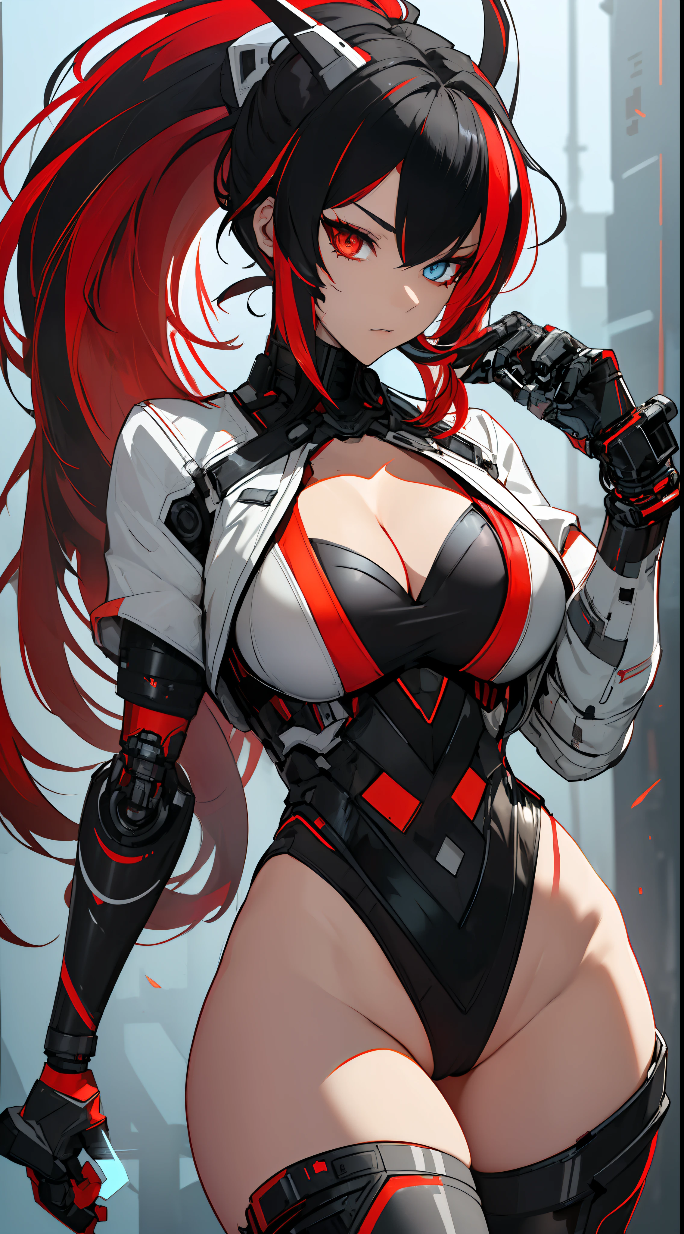 (best quality, masterpiece, anime) (solo) ((black hair:1.8), (hair with red highlights:1.7), (very long hair, single ponytail)), ((heterochromia_eyes_red_and_grey:1.4)), thick thighs, huge breasts, muscular, athletic, (cyborg:1.5), (robot arms:1.4), (robot legs:1.4), ((highcut leotard:1.8), one-piece, red_black_outift:1.3,) cleavage)), (jacket:1.3), (headgear, horn-like devices), toned body, 1 woman, (age 26), ((holding sword:1.6, katana, glowing)), beautiful, sexy, first rate body, (Lucia_Crimson_Weave:1.4), Lucia