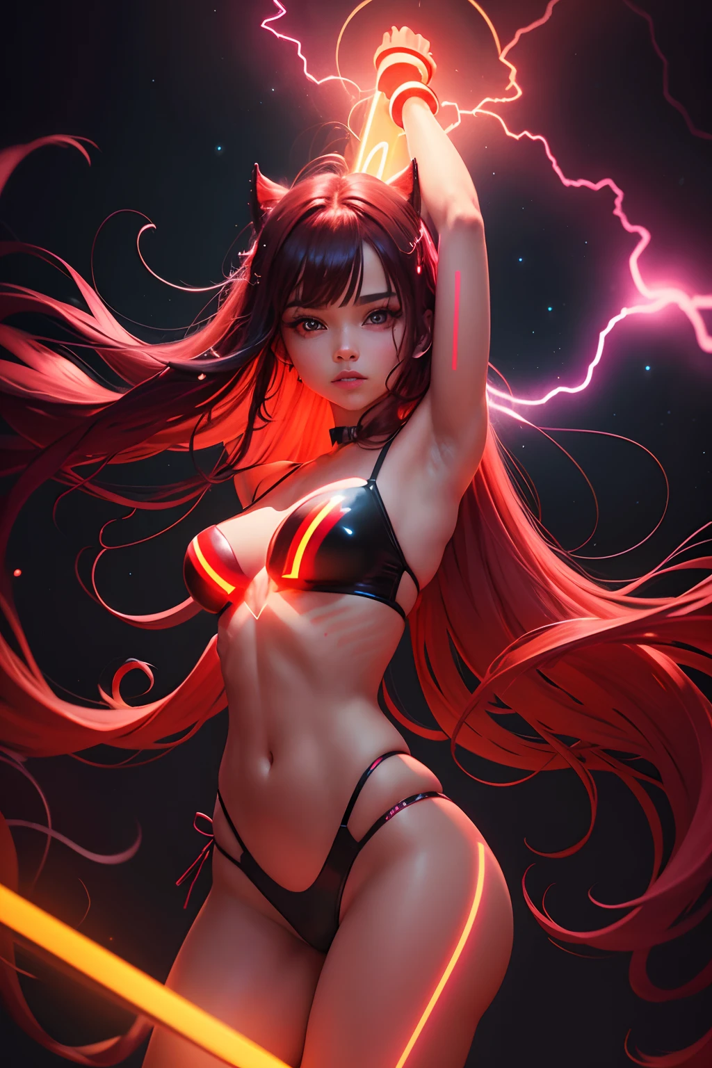 [Light red and yellow neon] Shimnado [Hermosa animadora] A brilliant, glowing storm of shimmering lights and dark shadows, reminiscent of a neon sign.