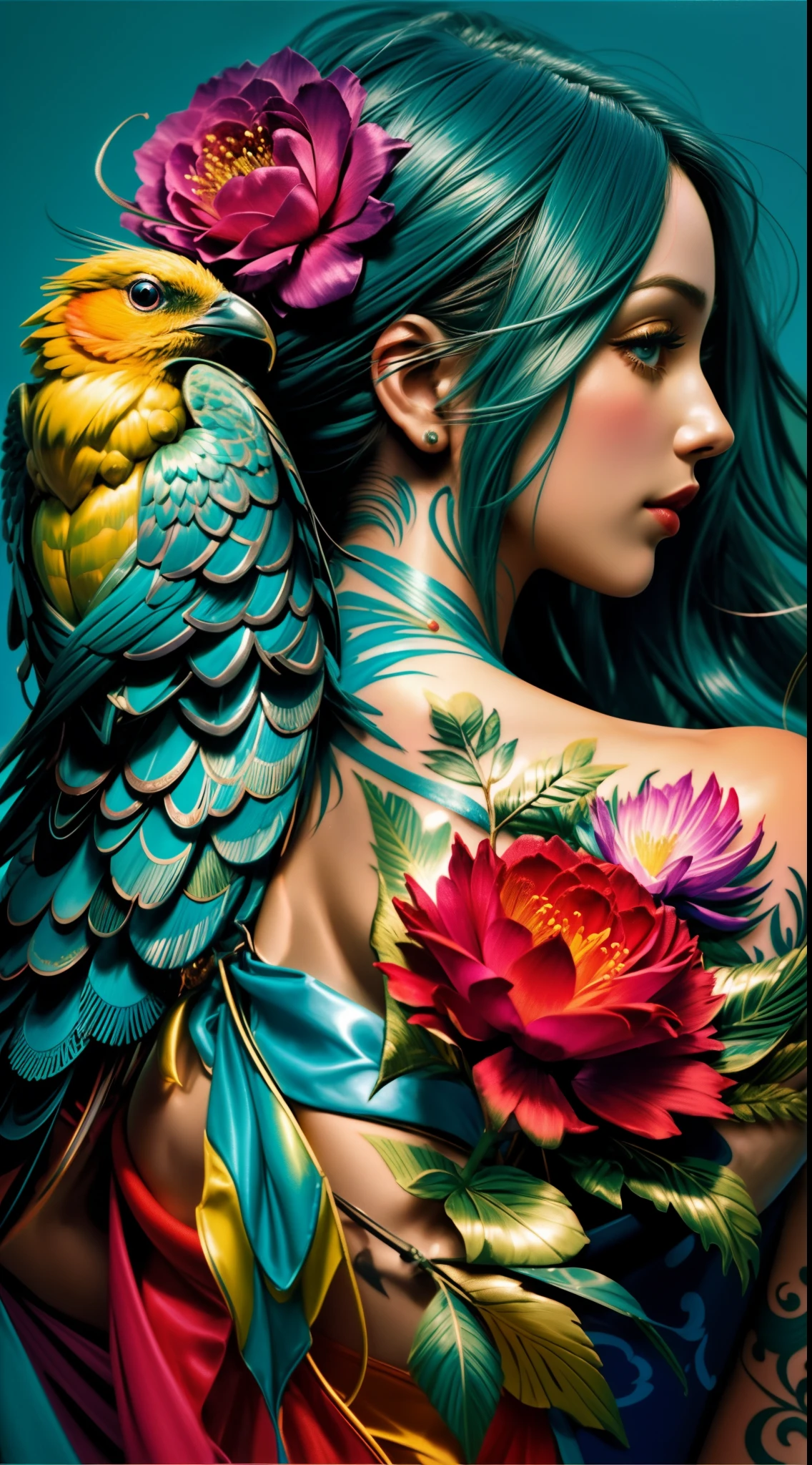 um close up de uma mulher com um papagaio nas costas, cheio de cores e detalhes ricos, lindo detalhe e cor, cores vibrantes hiper realismo, arte de corpo inteiro altamente detalhada, Obra-prima colorida e intrincada, linda arte digital linda, design de tatuagem realismo, Cores e detalhes ricos, cores realistas detalhadas, cores realistas vibrantes, bela arte digital, arte detalhada em cores, intrincada obra-prima colorida
