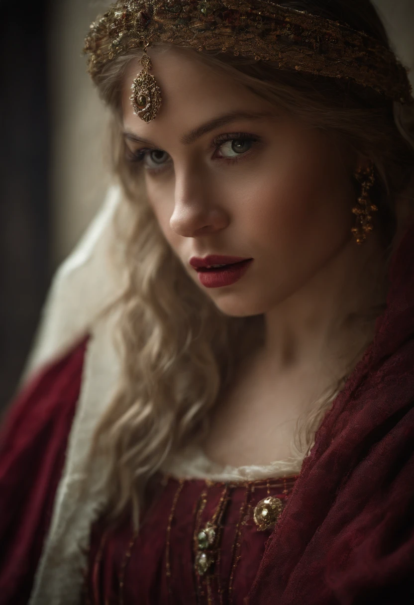 (((a deep reddish wound crosses her left cheek))) fair complexion, woman around 19 years old, natural white hair, distinctive green eyes, wearing kohl, slender and graceful, beautiful, candlelight in a medieval setting, ultra sharp focus, realistic shot, medieval female clothes, tetradic colors (scar:1.4)