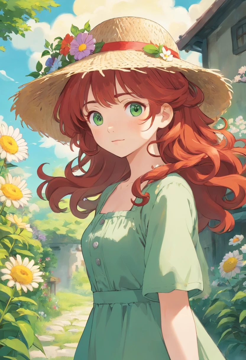 1girll, Curly red hair, White skin, sonoko, Cute straw hat, Girl holding a hat，The wind passed by her, Cottage core green dress, Sunlight, Flowers flew by