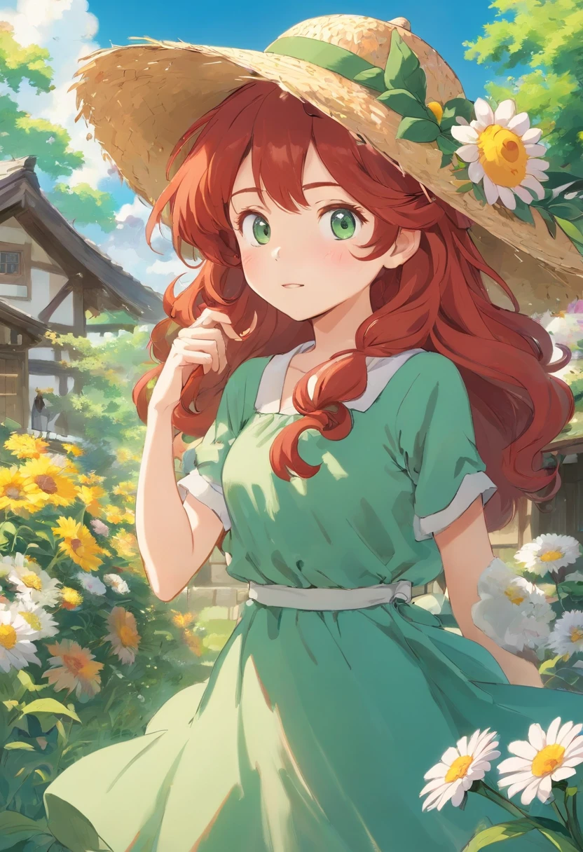 1girll, Curly red hair, White skin, sonoko, Cute straw hat, Girl holding a hat，The wind passed by her, Cottage core green dress, Sunlight, Flowers flew by