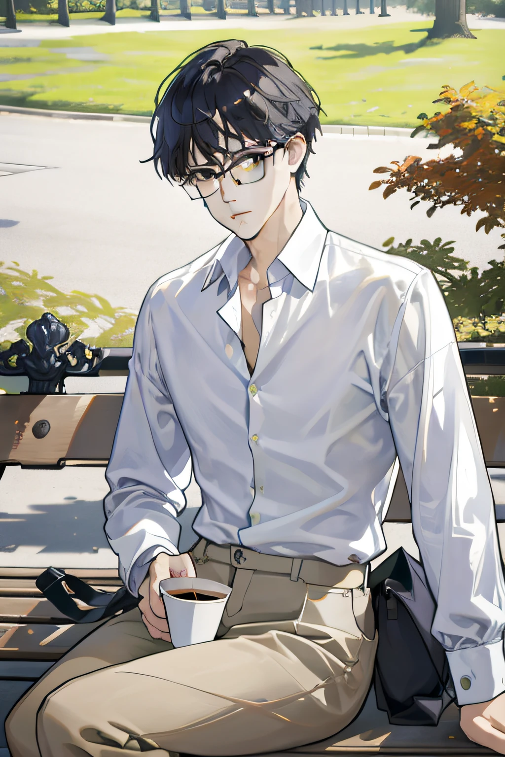 (best quality,4k,8k,highres,masterpiece:1.2),ultra-detailed,(realistic,photorealistic,photo-realistic:1.37),malecharacter,[middle-aged,middle-aged man],[anime style,anime-inspired:1.1],[sitting on a park bench,seated on a wooden bench],[head turned sideways,looking towards the camera],[wearing a white shirt,white button-down shirt],[wearing gold-rimmed glasses,gold glasses],[cold expression,stoic expression],[desolate park,lonely park],[elbows resting on knees,leaning on knees with elbows],[holding a cup of coffee,holding a coffee cup],[upper body shot,upper-half view]