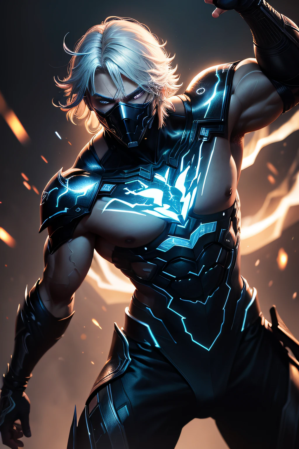 Raiden a male in mortal combat, modern outfit, Detailed eye, wearing a ghost mask, Swollen eyes, top-quality, A high resolution, (reality: 1.4), a masculine ,detail muscle, Forward-facing body, (A hyper-realistic), (high resolution), (8K), (highly detailed), ( Best Illustration), (detailed eyes), (ultra-detailliert), Bright lighting, Professional Lighting、The background is a dark city and sorounding.、The cord is connected from the costume, full lightning in the background