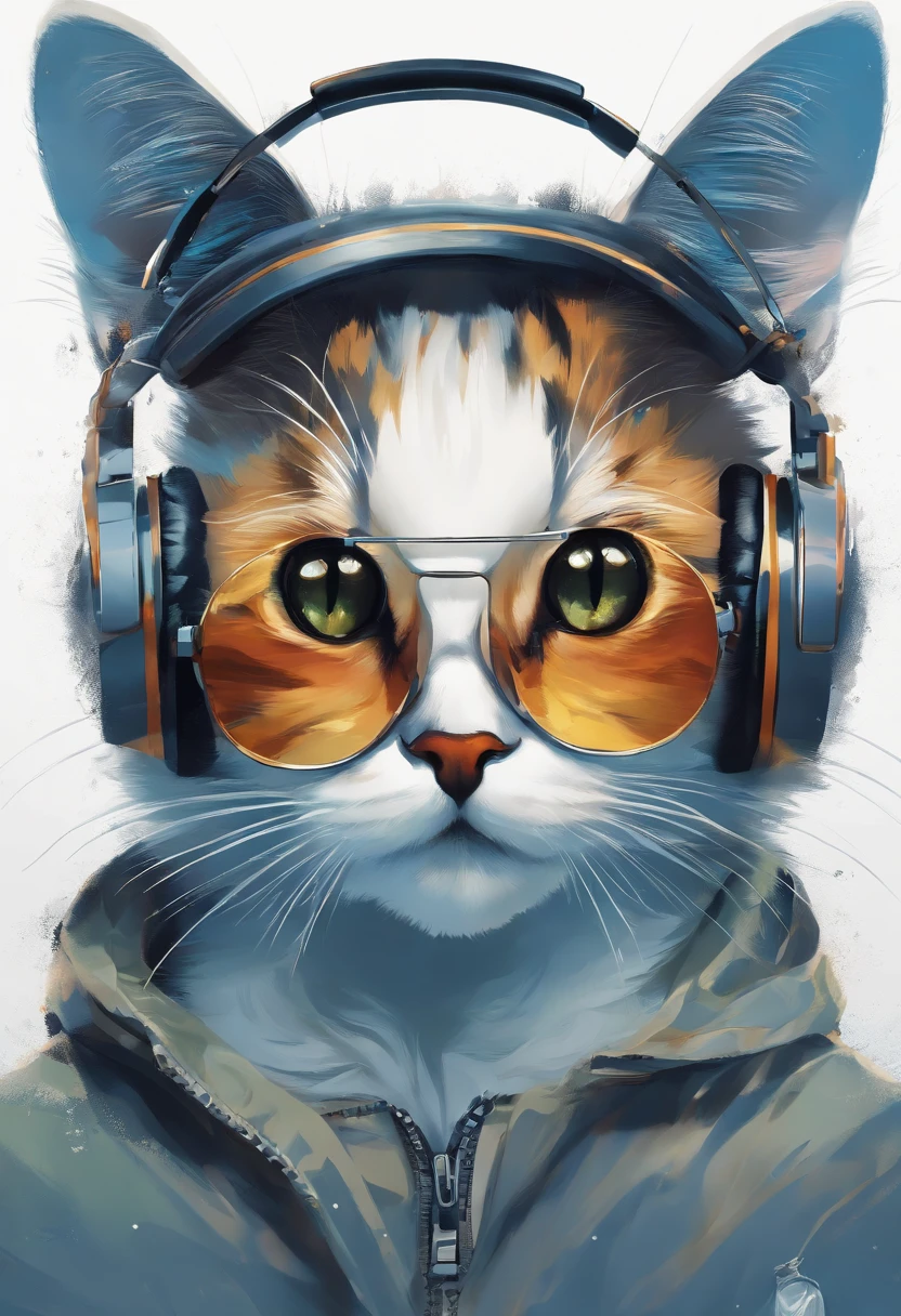 Perfect centering, a cute little cat, Wear a student jacket, Wearing sunglasses, Wearing headphones, Standing position, Abstract beauty, Centered, Looking at the camera, Facing the camera, nearing perfection, Dynamic, Moonlight, Highly detailed, Digital painting, art stations, concept-art, smooth, Sharp focus, 8K, high definition resolution, illustration, Art by Carne Griffiths and Wadim Kashin, White background