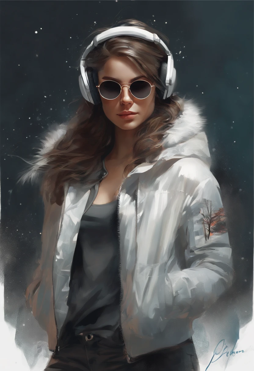 Perfect centering, a cute little cat, Wear a student jacket, Wearing sunglasses, Wearing headphones, Standing position, Abstract beauty, Centered, Looking at the camera, Facing the camera, nearing perfection, Dynamic, Moonlight, Highly detailed, Digital painting, art stations, concept-art, smooth, Sharp focus, 8K, high definition resolution, illustration, Art by Carne Griffiths and Wadim Kashin, White background