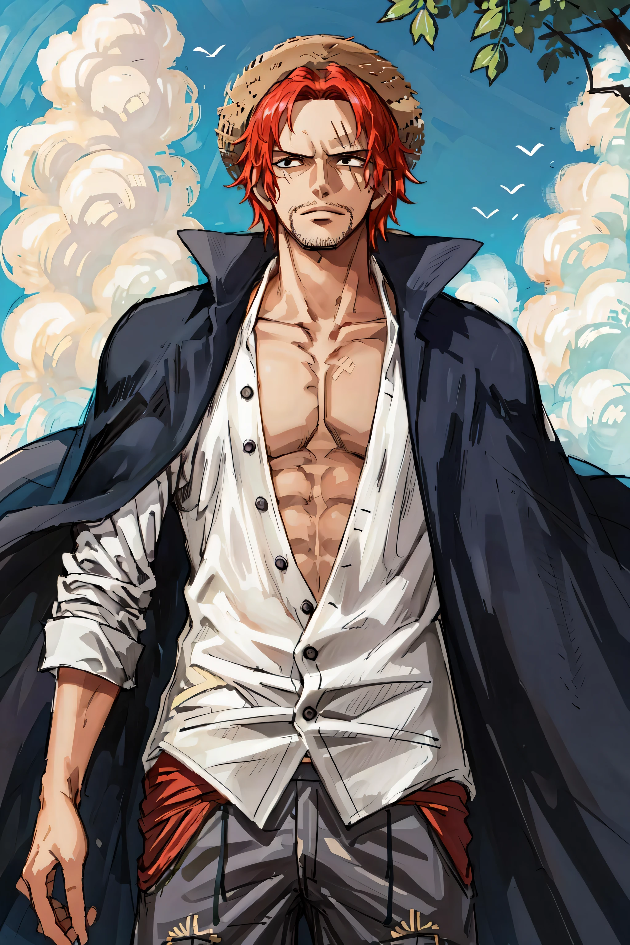 (masterpiece, best quality),  intricate details,
 1boy, man, red hair, straw hat, Shnks, shanks \(one piece\),  scar on face, short hair, shirt,  white shirt, male focus, open clothes, collared shirt, pants, cape, coat, open shirt, facial hair, scar, sandals,  pectorals, partially unbuttoned, pectoral cleavage, coat on shoulders, nature, scenery, upper body, straw hat,