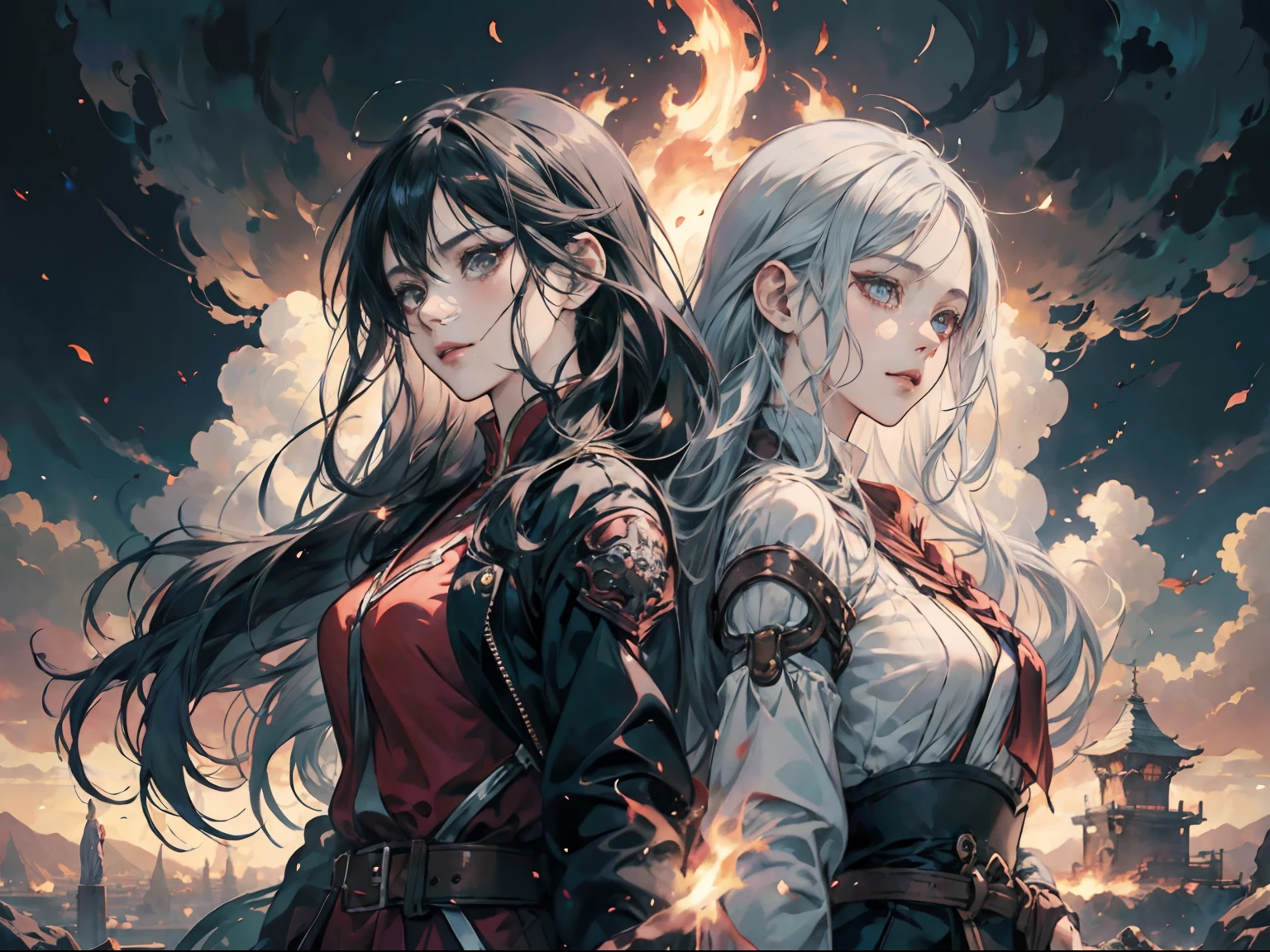 Anime, Two women back to back, Woman with gray hair and woman with long black hair、Battle for fire, Two people looking at us with strong eyes, anime fantasy artwork, anime fantasy illustration, artgerm and atey ghailan, official artwork, anime style 4 k, artgerm and rossdraws, two beautiful anime girls, epic light novel art cover, artgerm and genzoman