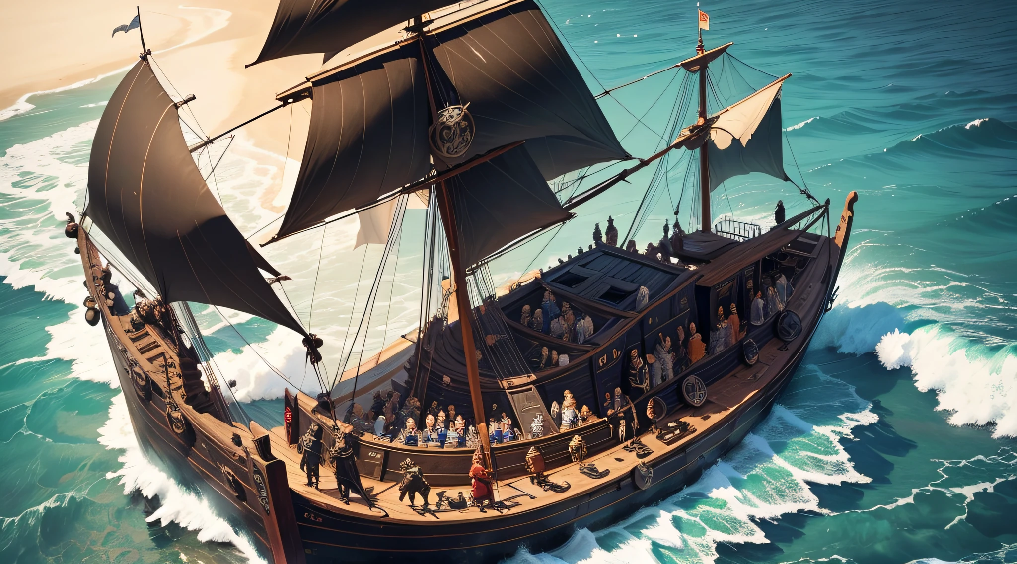 Generate an image illustrating Ragnar and his Viking crew raiding and plundering a coastal English village.