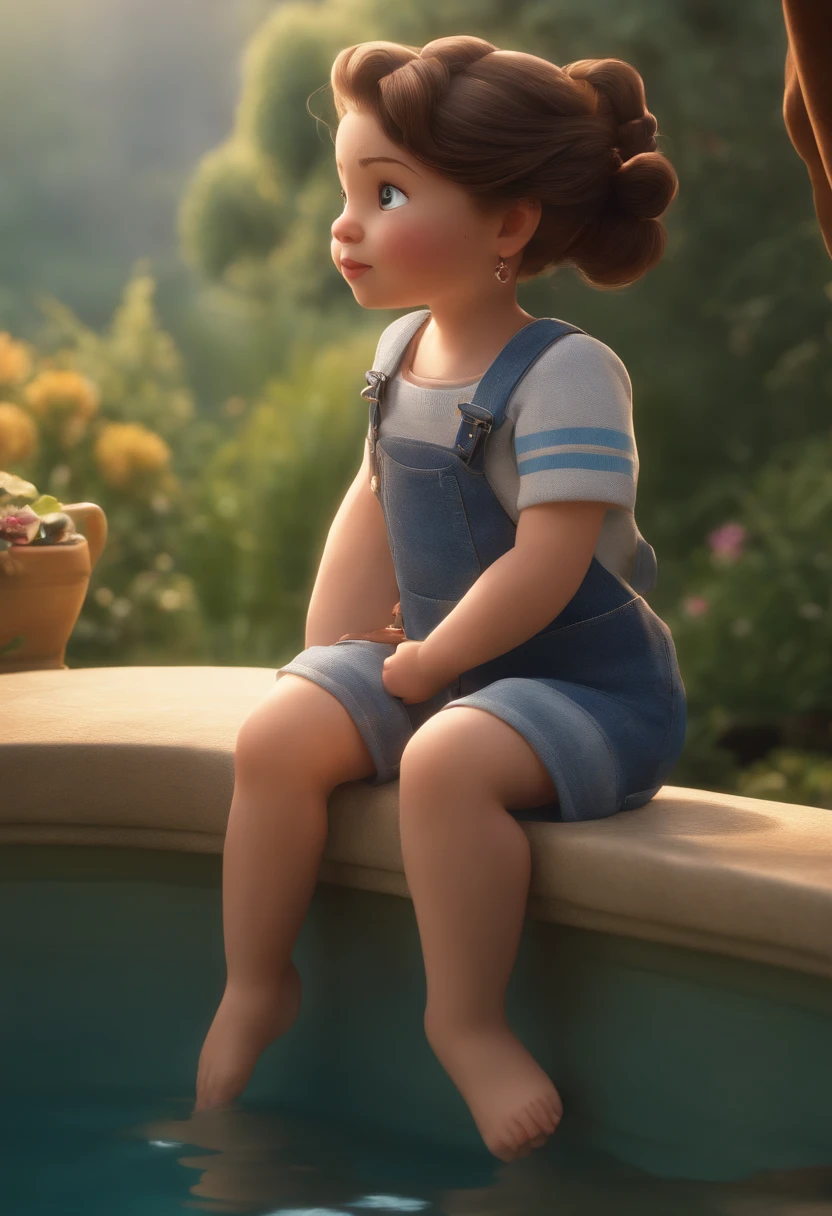 movie picture quality,Disney animation,Disney animated films,Chubby sitting in the pool,Koi around,short detailed hair,Denim suspenders,The barefoot,depth of fields,high light,Real light,Ray traching,oc rendered,Hyper-realistic,best qualtiy,8K,Works of masters,super-fine,Detailed pubic hair,Correct anatomy,sharp focus on eyes,Bokeh,Facial features are carefully depicted