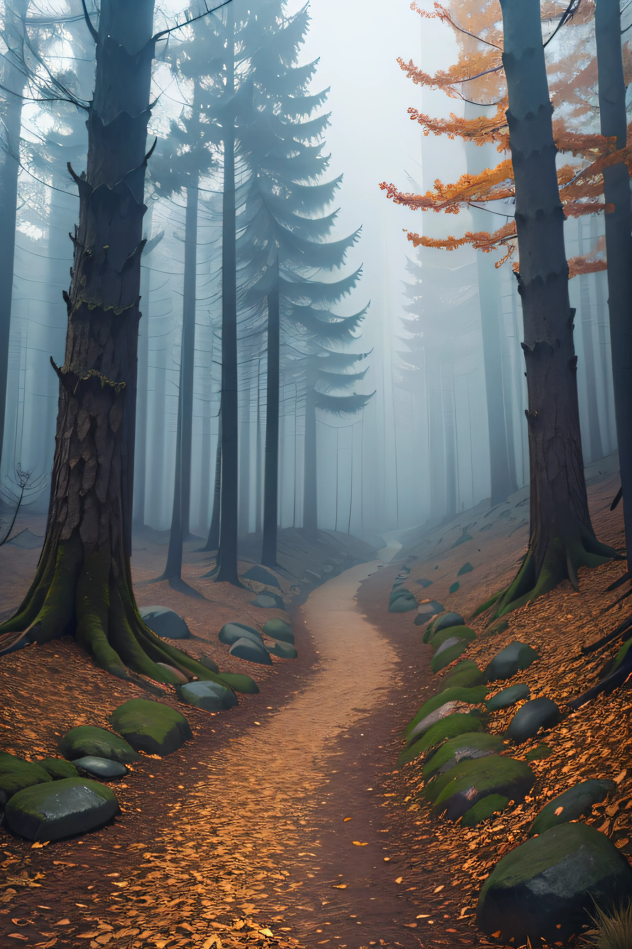 line art of autumn forest in fog