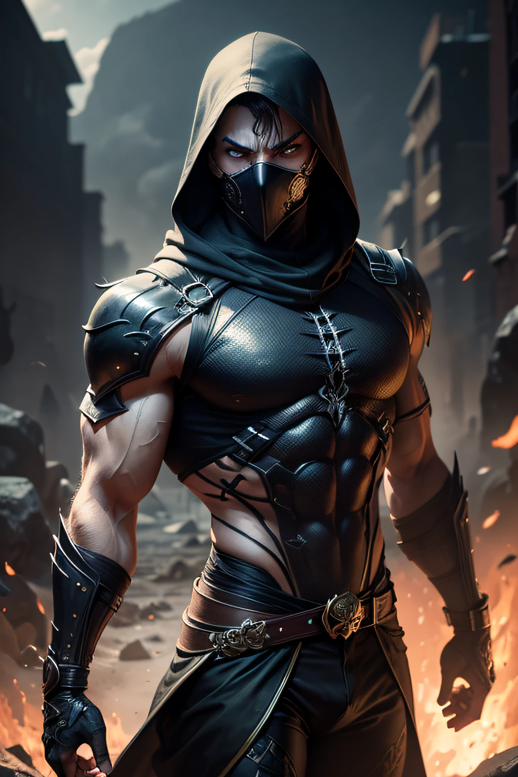 Scorpion a male in mortal combat, modern outfit, Detailed eye, wearing a ghost mask, Swollen eyes, top-quality, A high resolution, (reality: 1.4), a masculine ,detail muscle, Forward-facing body, (A hyper-realistic), (high resolution), (8K), (highly detailed), ( Best Illustration), (detailed eyes), (ultra-detailliert), Bright lighting, Professional Lighting、The scenery is lush and mysterious.、The cord is connected from the costume, full of burning people fire surrounding, skulls everywhere