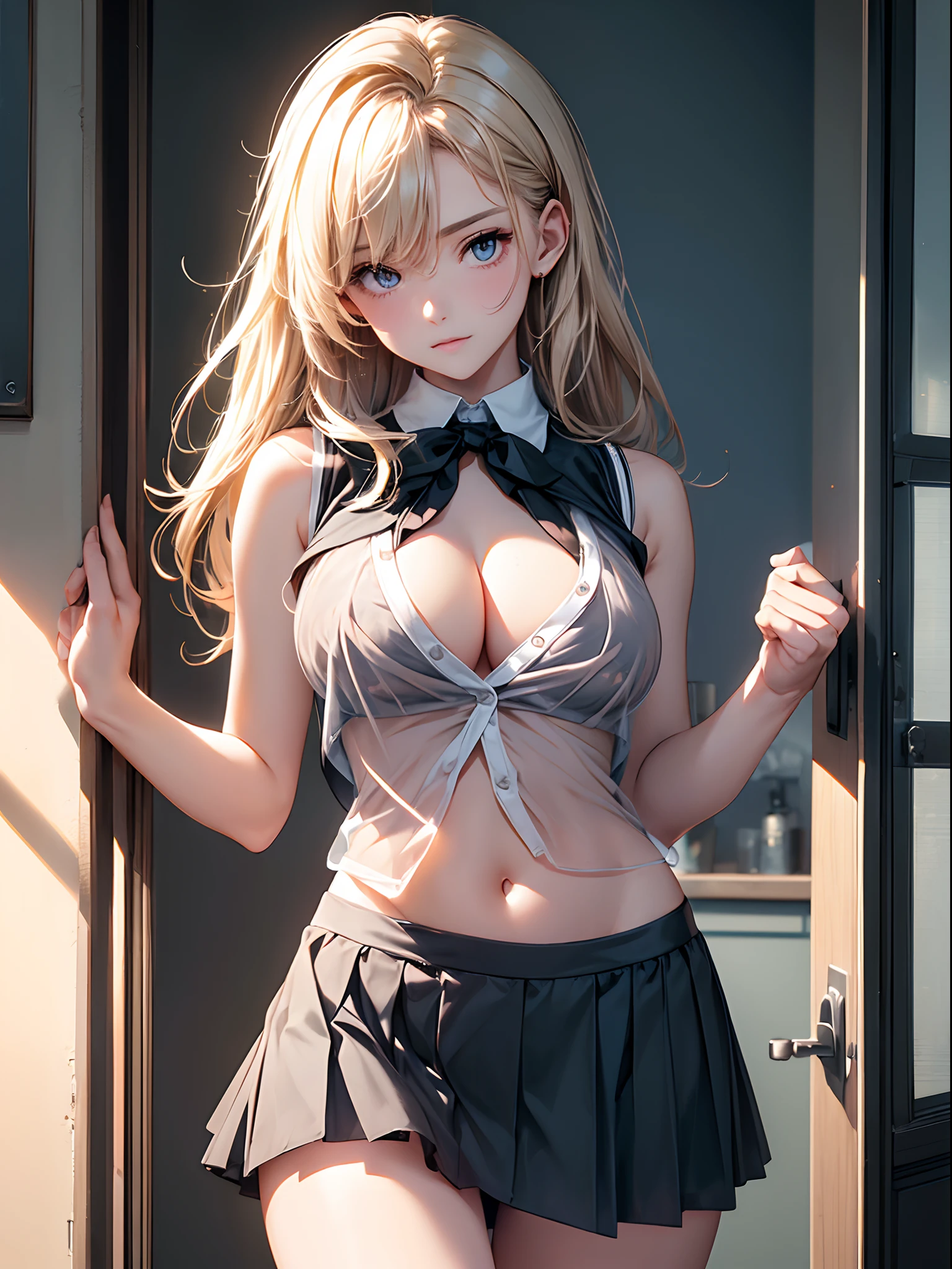 (((toppless))), (((sheer school uniform, Sleeveless ))), (((Show off  cleavage))), (((Large breasts))), (((Open front))), (((Sheer Micro Mini Skirt))), Detailed beautiful eyes, (((Sunny))), extremely detailed CG unified 8k wallpaper, very fine 8KCG wallpaper, (​masterpiece, Best Quality), High resolution, Ultra-detailed, ultra-sharp, 1 girl, Naked, (((Sheer Micro Mini Skirt))), perfecteyes eyes