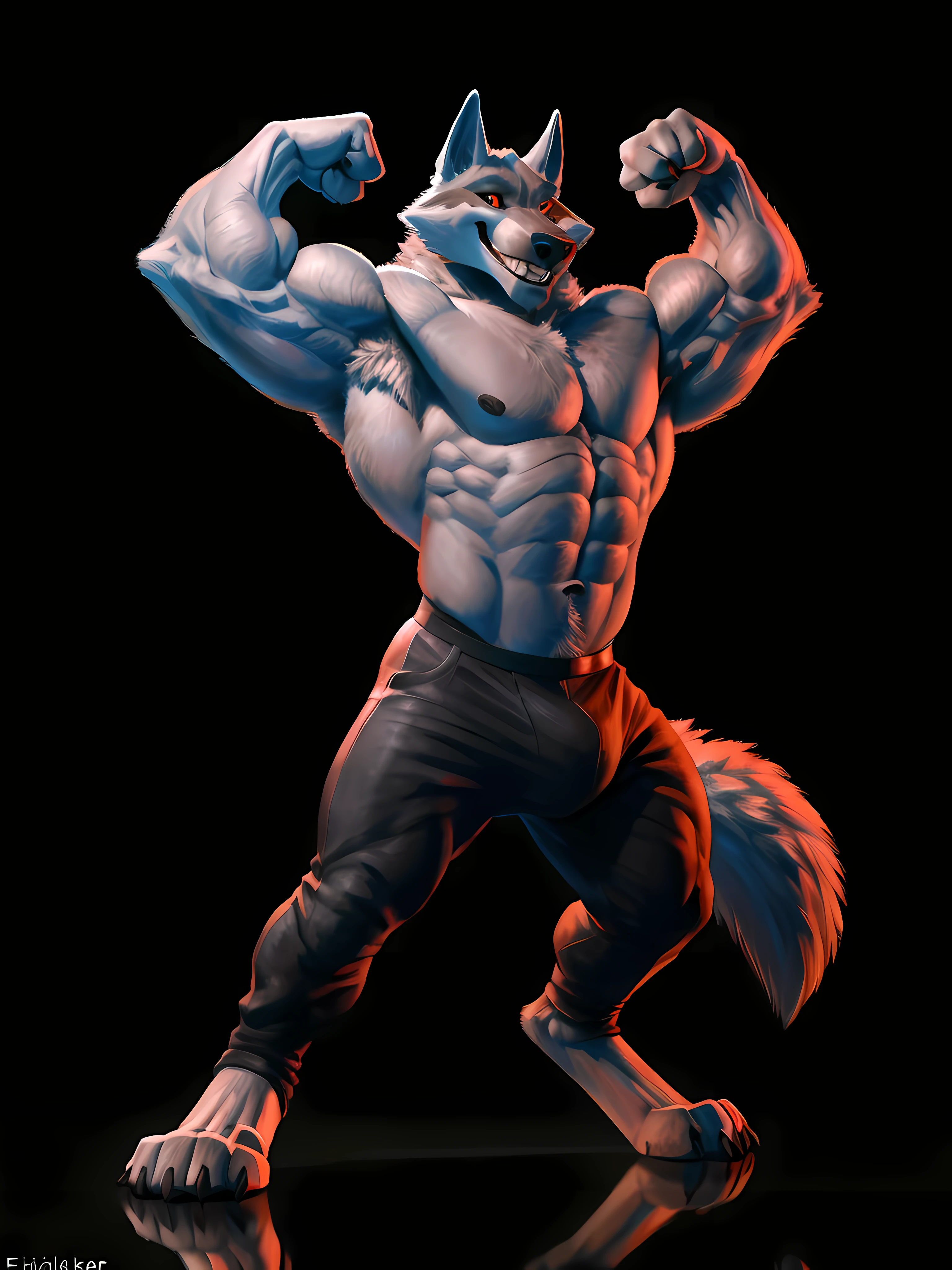 deathwolf, 4k, high resolution, best quality, posted on e621, solo, anthro body, mane, male, adult, very masculine, (very muscular, very defined muscles, strong pectorals, pecs, muscular arms, muscular legs, heavyweight:1.3), correct anatomy, (dark background, black background, featureless background no background:1.2), (by wfa:0.6), (by spelunker_sal:0.6), (taran fiddler anatomy:1.0), (black pants:1.0), (detailed eyes:1.2), (detailed shading:1.2), confident, proud, strong pose, (flexing biceps, flexing arms, armpits:1.1), (veins, vascular:1.1), grinning, wolf tail